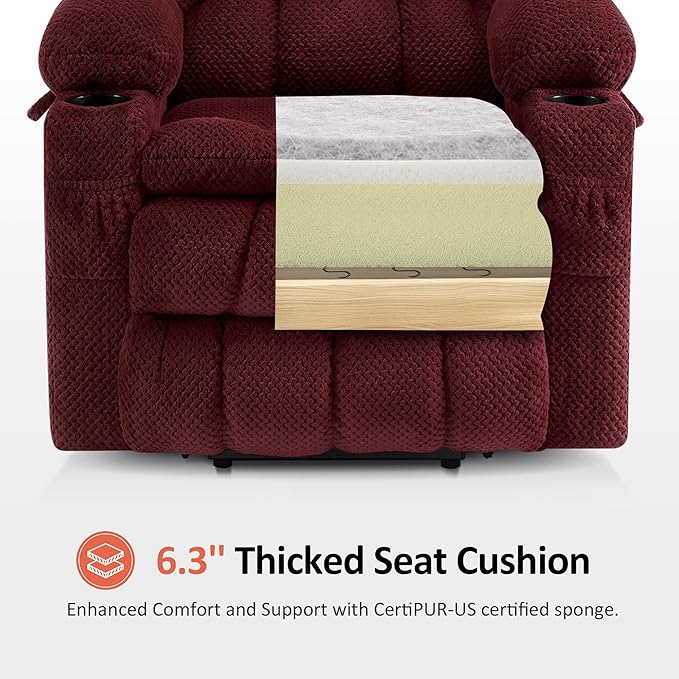 MCombo Dual Motor Large Power Lift Recliner Chair for Elderly Lay Flat Lift Chair with Heat and Massage Big Lift Recliner for Tall People Cup Holders Fabric 7896 (Large Burgundy)