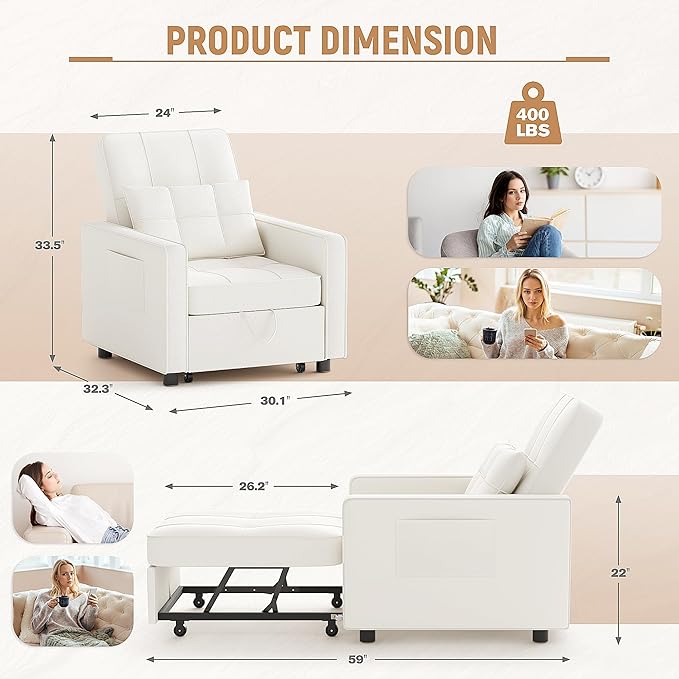 Flamaker Sofa Bed Sleeper Sofa 3-in-1 Adjustable Couch Bed with Modern Linen Fabric Convertible Sleeper Chair Couches for Living Room Apartment and Small Space (Bright White)