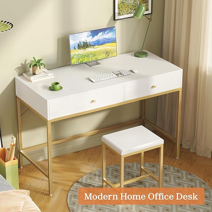 SUPERJARE 43-inch Modern White &amp Gold Desk - 2 Drawer Vanity Computer &amp Home Office Study Desk for Writing &amp Bedroom
