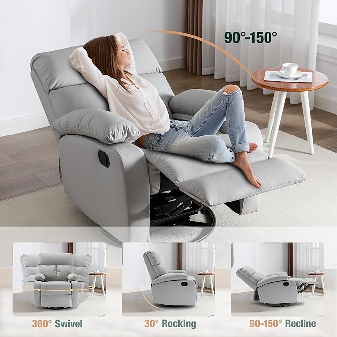 Rocking Recliner Chair Swivel Rocker Recliner Glider Small Rocker Recliners for Small Spaces Living Room Bedroom Nursery RV Grey