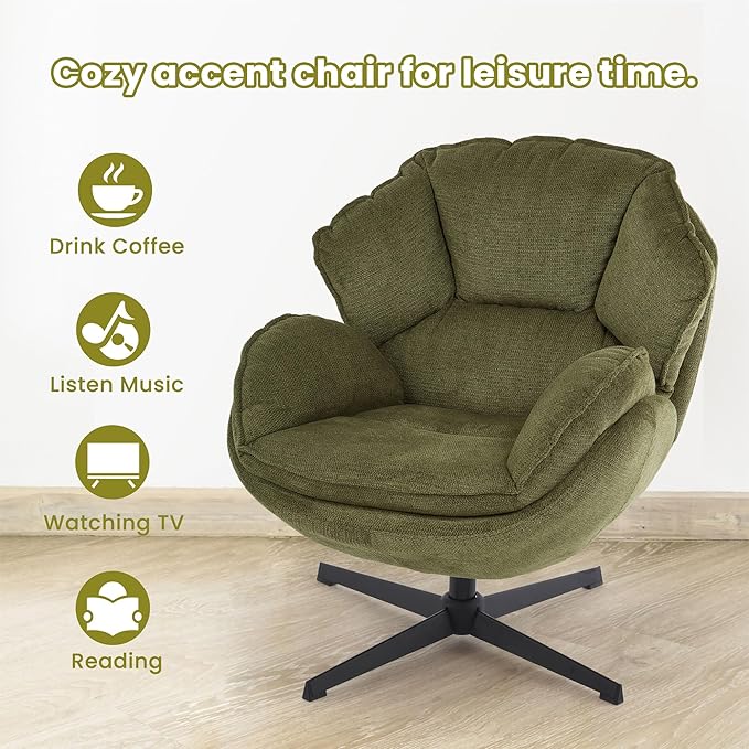 IWMH Swivel Accent Chair for Living Room Upholstered Armchair with Metal Legs Lounge Sofa Chair Comfy Leisure Chairs for Bedroom Reading (Green)