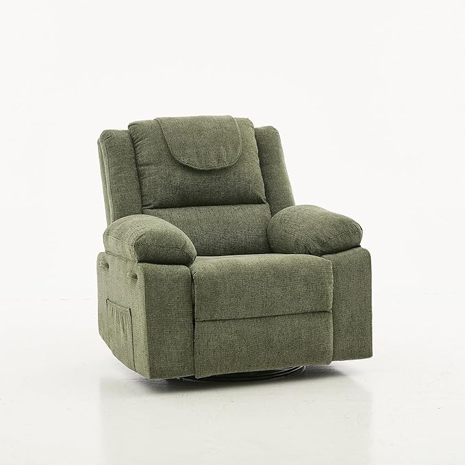 Swivel Rocker Recliner Chair for Adults with Massage and Heat Oversized Linen Fabric Glider Nursery Chair with Deep Seat High Backrest Upholstered Single Sofa for Living RoomGreen