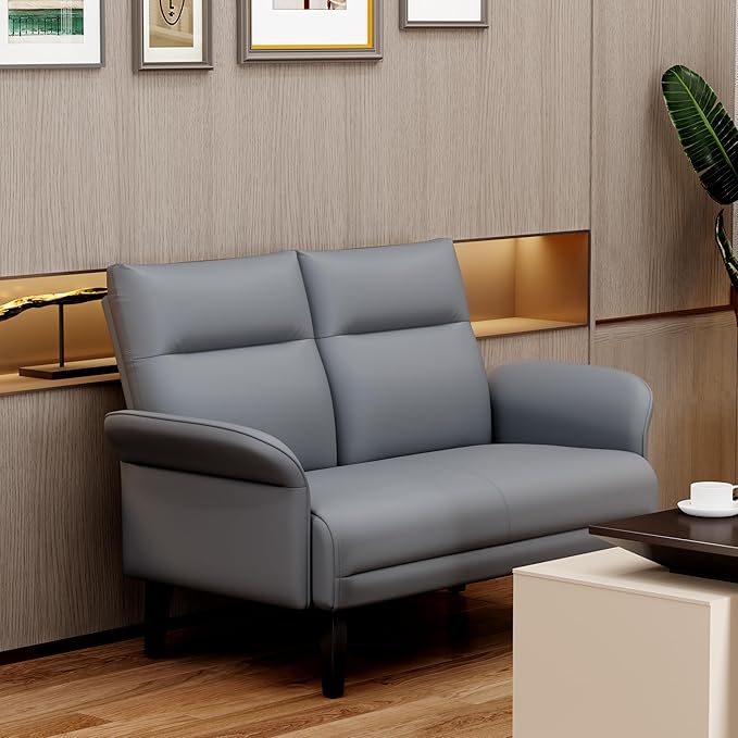 Love Seat Mini Couch Small Settee Loveseat Bench for Living Room Bedroom Office Faux Leather Loveseat Small Sofa Couches with Padded Cushion Grey