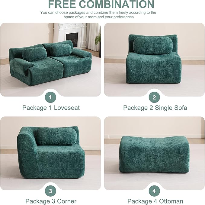 Multiple Modular Boneless Couches for Living Room Cloud Sectional Sofa with Comfy Deep Seat Oversized Loveseat Couch for Bedroom Apartment No Assembly 2 Modules Combined Dark Green