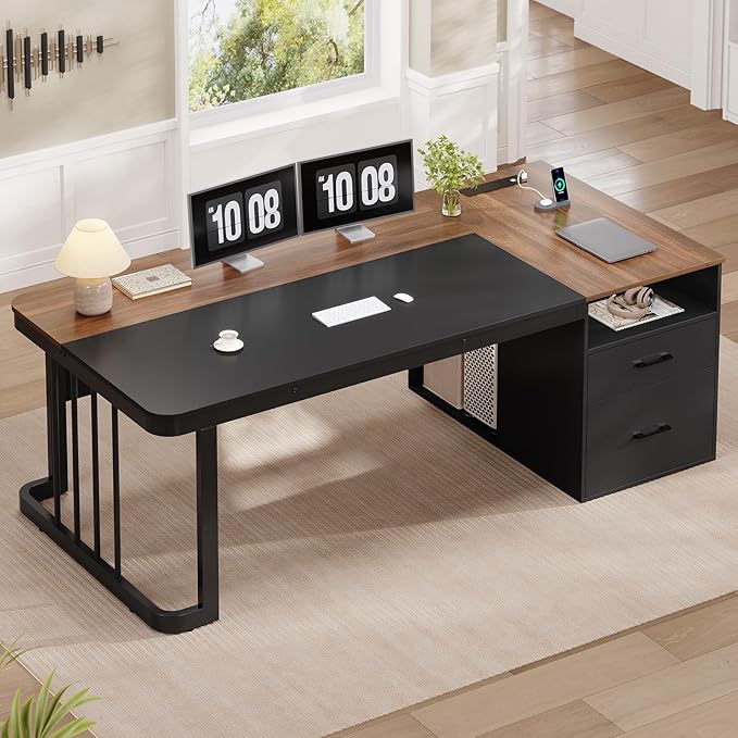 70.9 Executive Desk with Power Outlet Large Office Desk with Drawers &amp Lateral File Cabinet Long Computer Desk with Adjustable Storage Shelves Modern Workstation Business Furniture (Walnut)