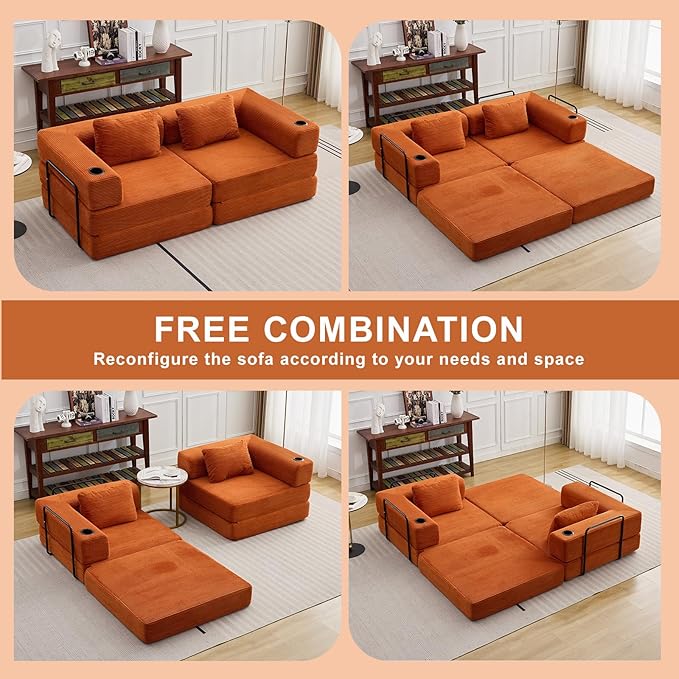 78 Loveseat Sleeper Sofa 4 in 1 Convertible Floor Sofa Bed Boneless Cloud Couch with Cup Holder Fold Out Floor Couch for Living Room Bedroom Lounge Corduroy Orange