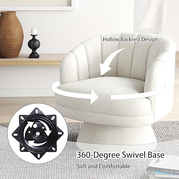 Swivel Accent ChairUpholstered Velvet 360° Swivel Barrel Chair for Living Room Overstuffed Bouncle Reading Chair Round Armchair for BedroomVanityOffice (Beige)
