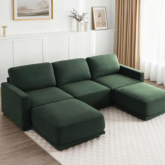 112 Modular Sectional Couches for Living Room U-Shaped Modern Sofa with Ottomans 5-Piece Chenille Sofa Set for Home Furniture Dark Green
