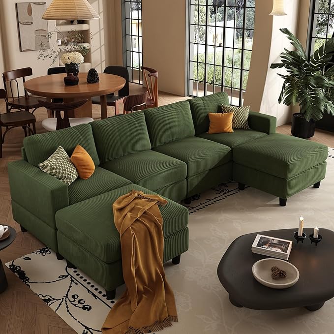 101 Inch Green Corduroy Sectional Sofa U Shaped Sectional Sofa with 2Ottomans 6 Seater Convertible Corduroy Sofa Comfortable Living Room Couch (Green 4 Seat with 2 Ottoman)