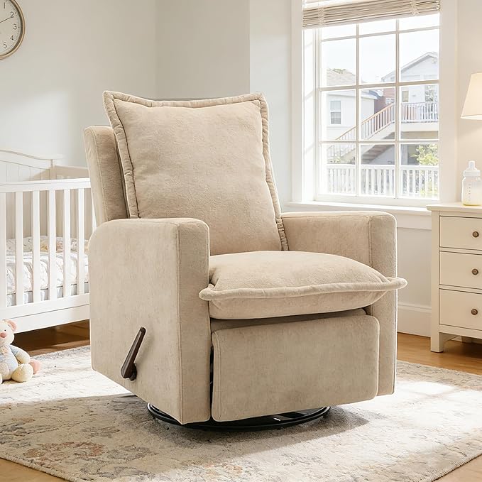 Euthymia Swivel Rocking Chair Nursery High Back Glider Rocker Recliner Chair for Small Spaces Manual Reclining Sofa for Living Room Bedroom Beige