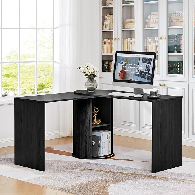 Home Office Desk L Shaped 51-Inch Small Space Modern Office Computer PC Desk with Storage File Cabinet and Reversible Tabletop Corner Work Table for ExecutiveStudyWriting - Black