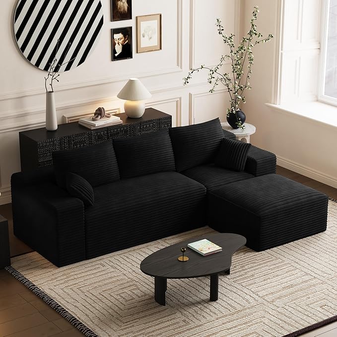 108 Sectional Couches for Living Room Comfy L Shaped Boneless Couches Modern Deep Seat Modular Sofa Cloud Corduroy Couch with Movable Ottoman No Assembly Needed Black
