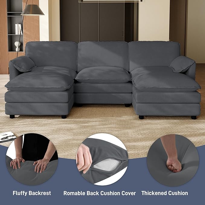 113.7 U Shaped Cloud Couch Sectional for Living Room Modern Modular Deep Seat Sofa with Movable Ottoman Comfy Fluffy Chenille Sectional Sofa Set Grey