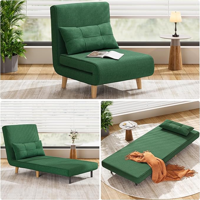 Aiho 3-in-1 Convertible Sleeper Chair BedFuton Chair with 6-Level Adjustable Backrest for Apartment Bedroom OfficeGreen