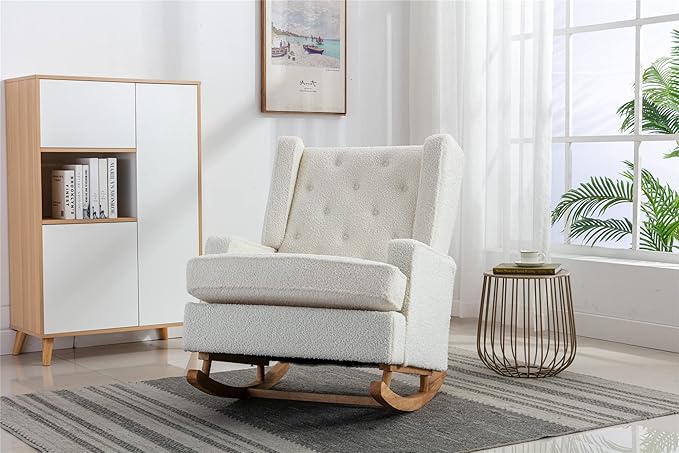 QQU Rocking Chair with Arms Leisure Teddy Fabric Chair IndoorComfy High Back Chair with Solid Wood Base Side Pocket for Living RoomBedroomOffice (White)