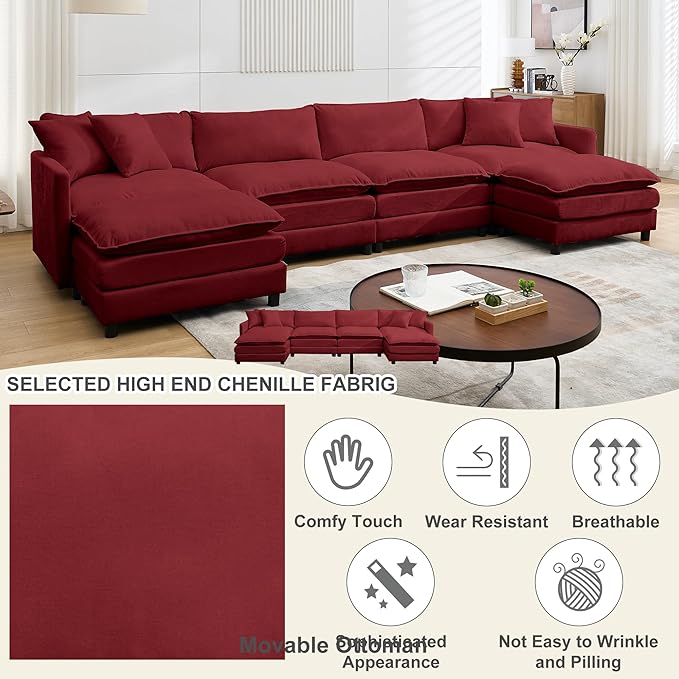 Modular Sectional Sofa143.31'' Modern Sofa Sleeper CouchComfy Cloud Couches with 4 Seat &amp 2 Ottoman &amp 4 Pillows Sofa SetDeep Seat Sofa with Movable Ottoman for Living RoomChenille (Red U