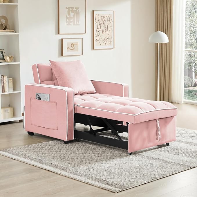 3 in 1 Velvet Sleeper Chair with Pull Out Bed Convertible Single Sofa Bed Futon Modern Tufted Chair with Adjustable Backrest Pullout Sleeper Sofa Chair for Bedroom Living Room Lounge (Pink)