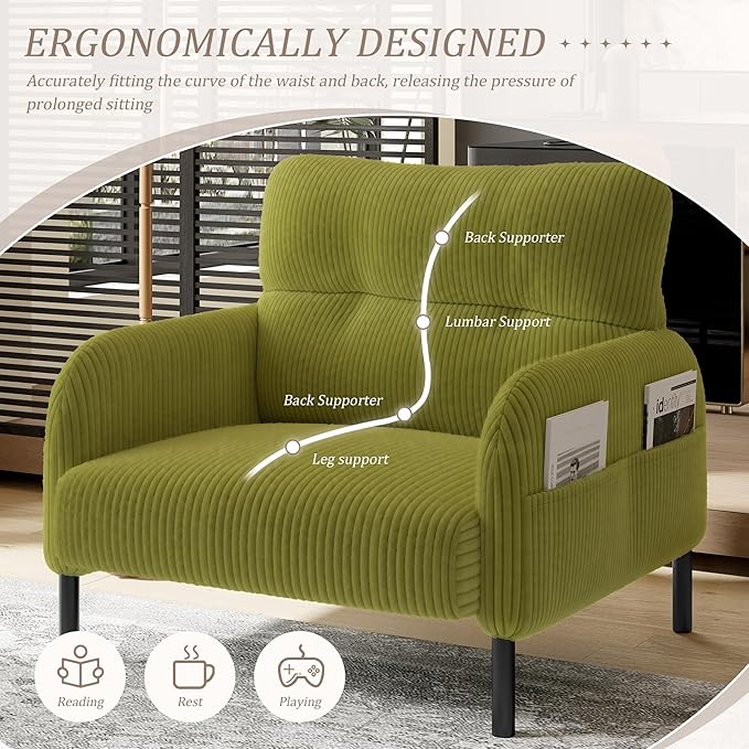 Olive Green Accent Chair - Corduroy Living Room Chairs with Side Storage Pockets and Durable Legs Comfy Arm Reading Chair with Soft Backrest for Bedroom Balcony Study Room