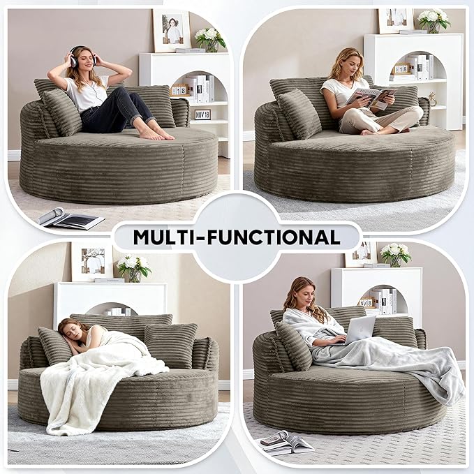 Oversized Round Chair Lounge Chaise Indoor 53.5 Corduroy Boneless Round Chair Fluffy Single Deep Seat Cloud Sofa Chairs Modern Circle Chaise Lounge for Bedroom Living Room Camel