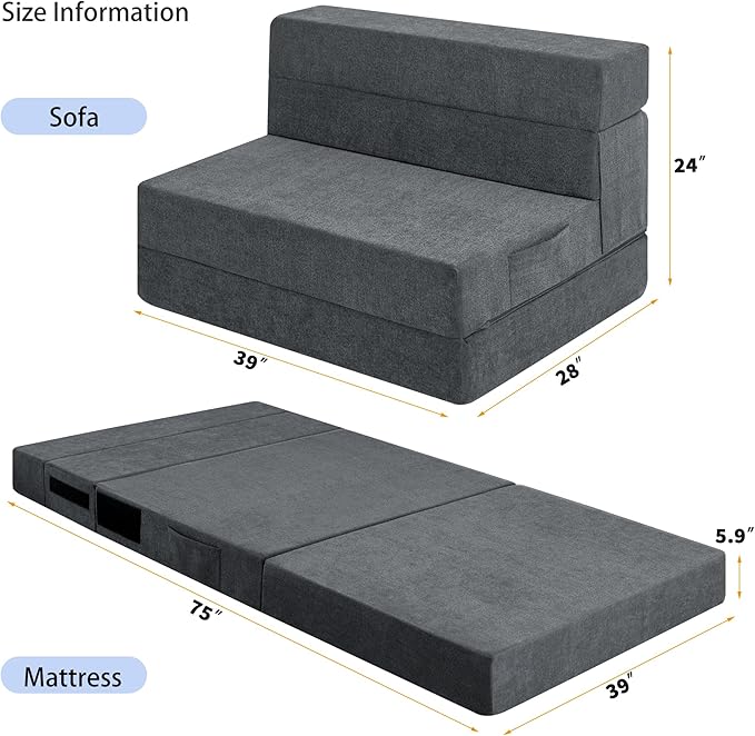 Folding Sofa Bed Chair with PillowConvertible Fold Out Chair Bed SleeperFoam Floor Mattress Foldable Futon Couch Bed for Living Room/Dorm/Guest/Office (Grey Twin)