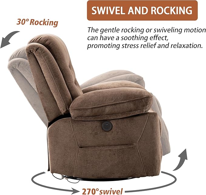 Power Swivel Rocker Recliner with Massage and Heat USB Port Infinite Position Oversized Electric Glider Rocking Chairs Living Room Soft Fabric Reclining Sofa Chair(Mocha)