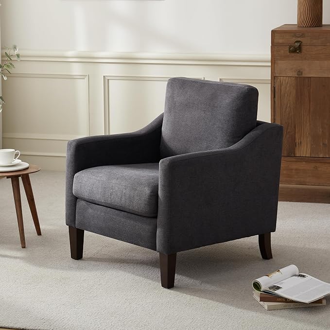 VKNOW Mid Century Modern Accent Chair Upholstered Living Room Chairs Armchair for Bedroom Comfy Reading Accent Chairs with Wood Legs for Living Room (1 Dark Grey)