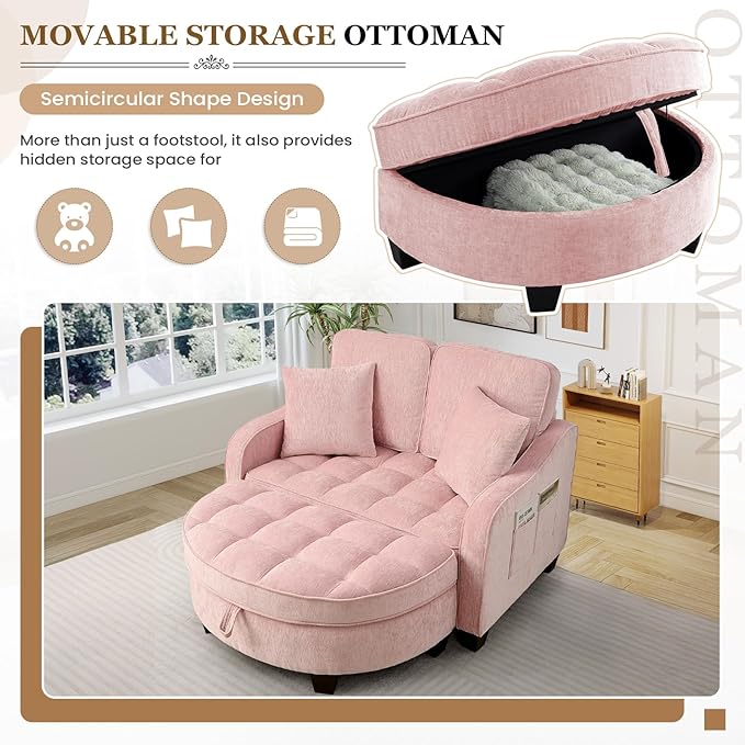 Oversized Chair and A Half Chenille Tufting Accent Cozy Reading Sofa Chair with Storage Ottoman Upholstered Loveseat Chaise Lounge Sofa with Adjustable Back for Living Room Office Sunroom Pink