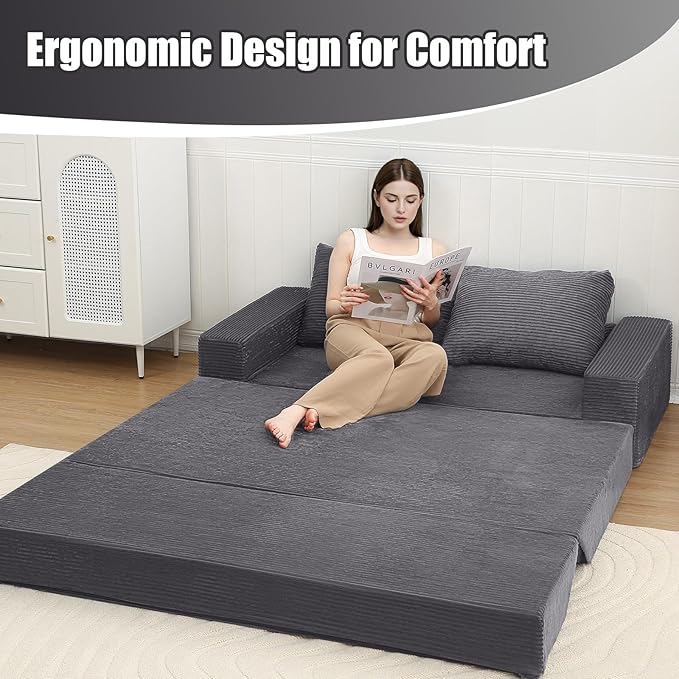 COMAX Convertible Sofa Bed Queen Corduroy Folding Floor Couch Pull Out Couch Bed Futon Sleeper with Pillows Fold Out Boneless Sofa Comfy Lounge Mattress Loveseat for Living Room Bedroom Grey
