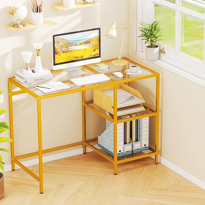 GOFLAME Computer Desk with Shelves 42” Home Office Desk with Metal Frame Tempered Glass Study Writing Table Modern Simple PC Desk for Living Room Bedroom (Golden)
