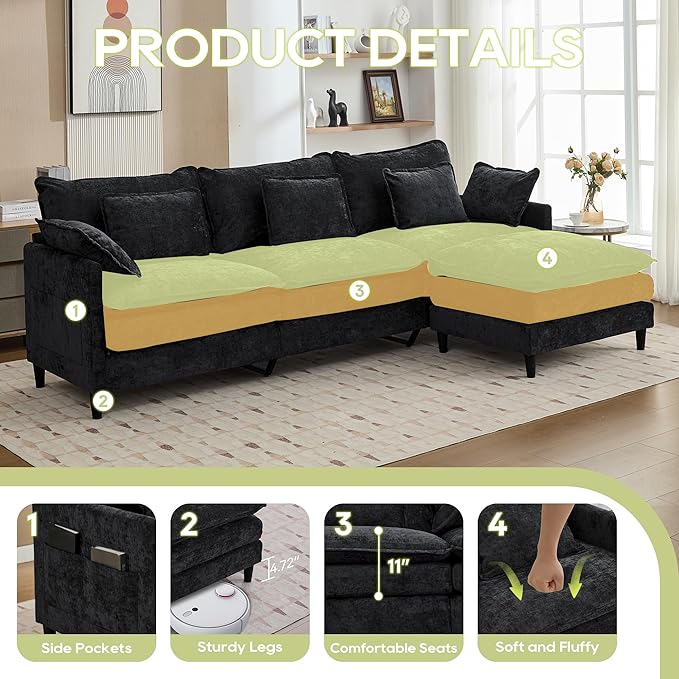 113 Chenille Modular Sectional Sofa Convertible L Shaped Modular Sofa Comfy Cloud Couch with Ottoman Side Pockets and 5 Throw Pillows for Living Room (Black 113'' - 4 Seat)