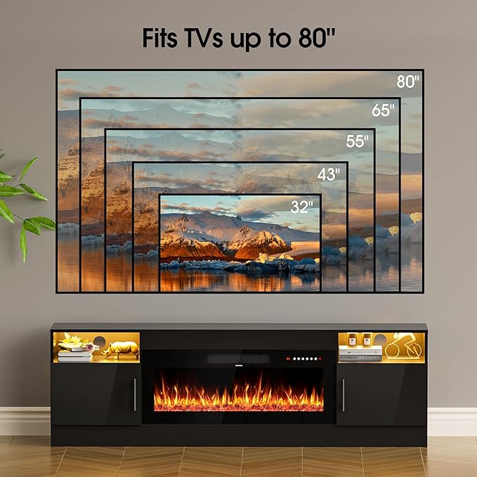AHB Fireplace TV Stand LED Light Entertainment Center with 36 Electric Fireplace Storage Cabinet and Door Handles Media Console Table for TVs Up to 80 Inches for Living Room 70 Inches (Black)