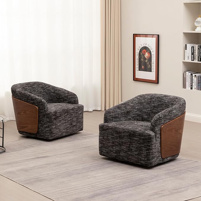 Swivel Accent Chair Linen Swivel Barrel Chair Comfortable Mid Century Modern Chair Upholstered Metal Base Armchair for Living Room Bedroom Office Large Vintage Gray
