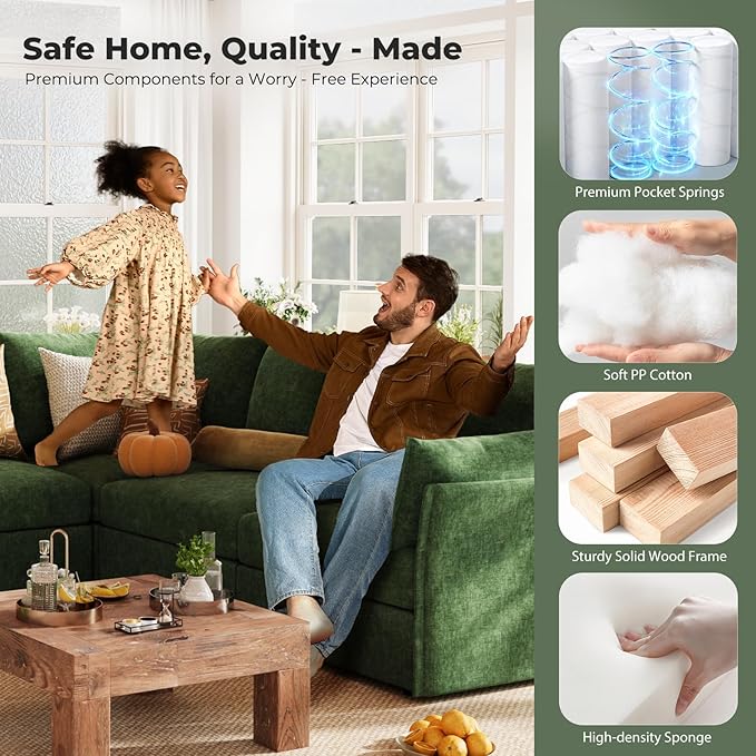 ABCASA 102.6 Sectional Couches for Living Room Oversized 3-Seater Comfy Green Couch with Pet-Friendly Removable Backrest Cover 24.5 Deep Seat Mid-Century Sectional Sofa for Bedroom Apartment