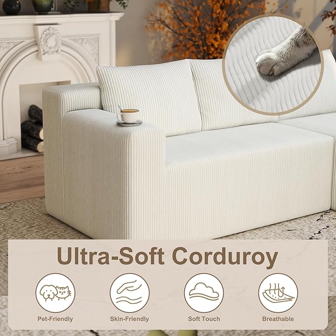 Boneless Couch with L Shaped Chaise Sectional Cloud Sofa with High Backrest Corduroy Memory Foam Couch No Assembly Cloud Couches for Living Room Apartment（White Right Facing Chaise）