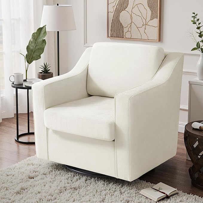 UIXE Swivel Accent Chair Chenille Upholstered Armchair for Living Room Comfy Single Sofa Bedroom Reading Seat with Lumbar Pillow - Beige