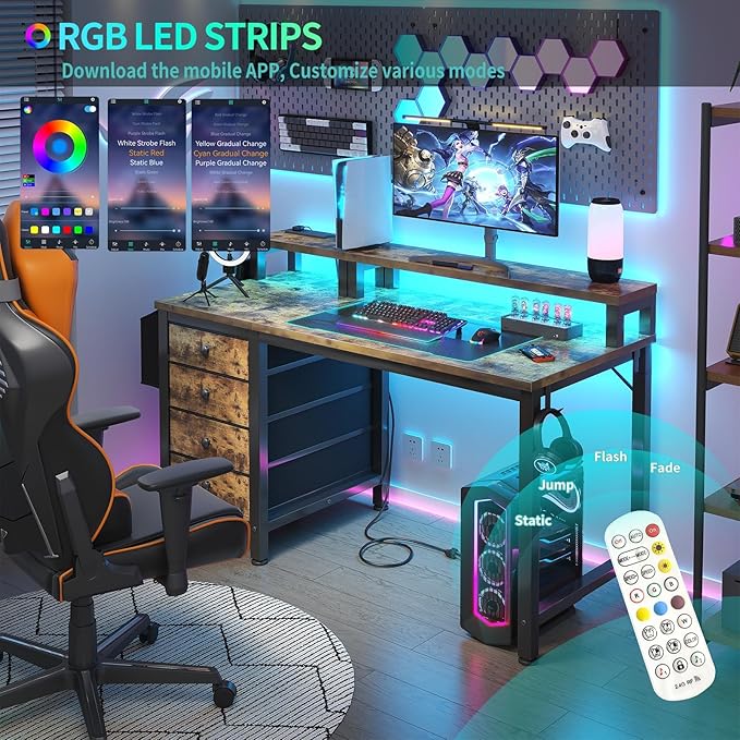 Lufeiya Reversible Gaming Desk with LED Lights and Power Outlets 47 inch Home Office Desk with Monitor Stand Computer Desk with Fabric Drawers Rustic Brown
