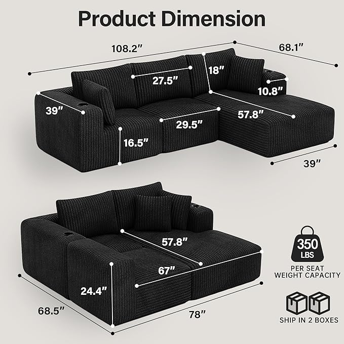 DURASPACE Modular Sectional Sofa Cloud Boneless Couch with Deep Seat Cup Holder Memory Foam Corduroy L Shaped Couch Convertible Sofa Bed for Living Room Bedroom No Assembly Required