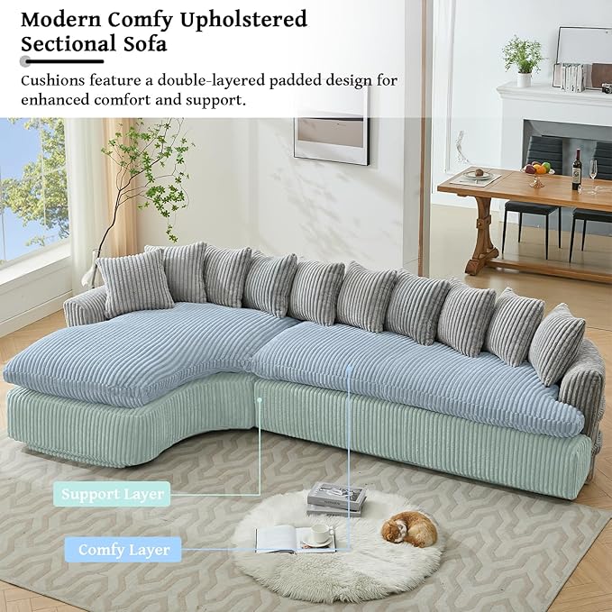 129'' Modern Sectional Sofa4-5 Seater Upholstered Couches with 10 CushionsHigh Density Sponges Cloud Couch L-Shape Left SofaCorduroy Sponge Sofa for Living RoomNo Assembly Required(Gray)