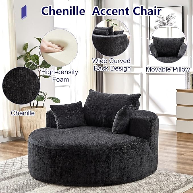 55''L Chenille Sponge Single SofaOversized Round ChairFluffy Modern Sleeper Chair for Living Room Lounge and Projection RoomWide Armrest Lounge Chairs Armchair with Pillow Black