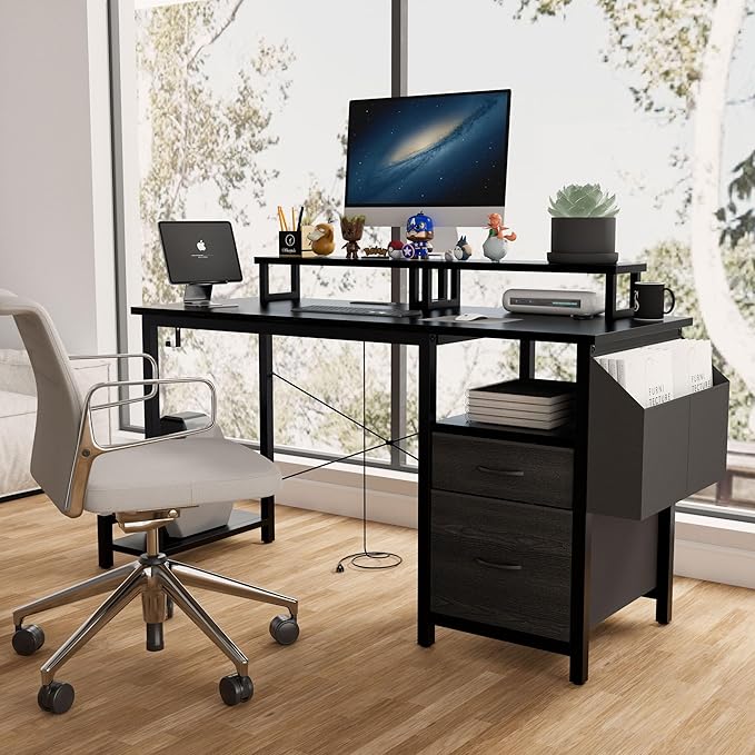 Home Office Desk with Side Pocket and Drawers Modern Computer Desk for Small Space Bedroom 47 Inch Gaming Desk with Power Outlet &amp 2 Movable Monitor Shelves (Black)