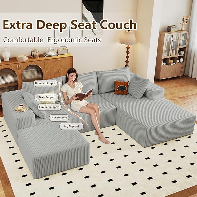 96 U-Shape Cloud Couch Modern Modular Sectional L-Shape Sofa with Ottoman Corduroy Upholstered Couches Deep Seat Chaise Longue for Living Room No Assembly Required(Light Gray Right Facing)