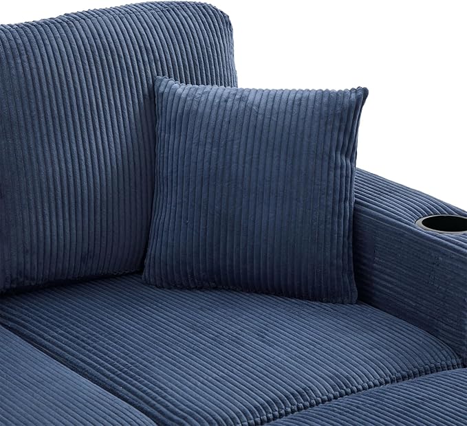 L-Shaped Sectional Sofa with Storage &amp Movable Ottoman Corduroy 3 Seater Sectional Couch with USB Charging Cup Holder &amp LED Light Couches for Living Room (Navy 76.38)