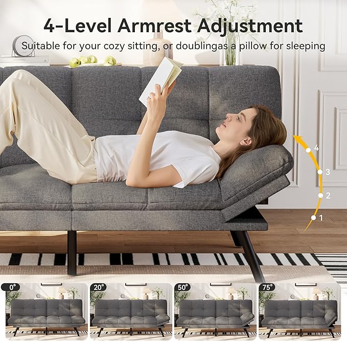 Vipbear 71 Convertible Futon Sofa BedLinen Fabric Futon Couch with Detachable CushionAdjustable Backrest &amp ArmrestModern Loveseat Sleeper Recliner for Living RoomOfficeApartmentGrey