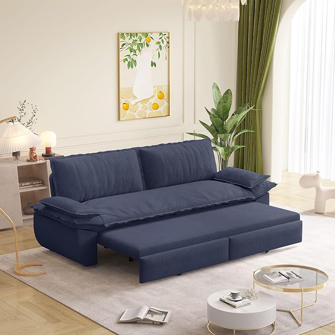 73.2 Queen Size Pull Out Sofa Bed 3-in-1 Convertible Sleeper Corduroy Loveseat for Living Room Apartment Bedroom Small Spaces Dusty Blue (Mattress &amp Bedding Not Included)