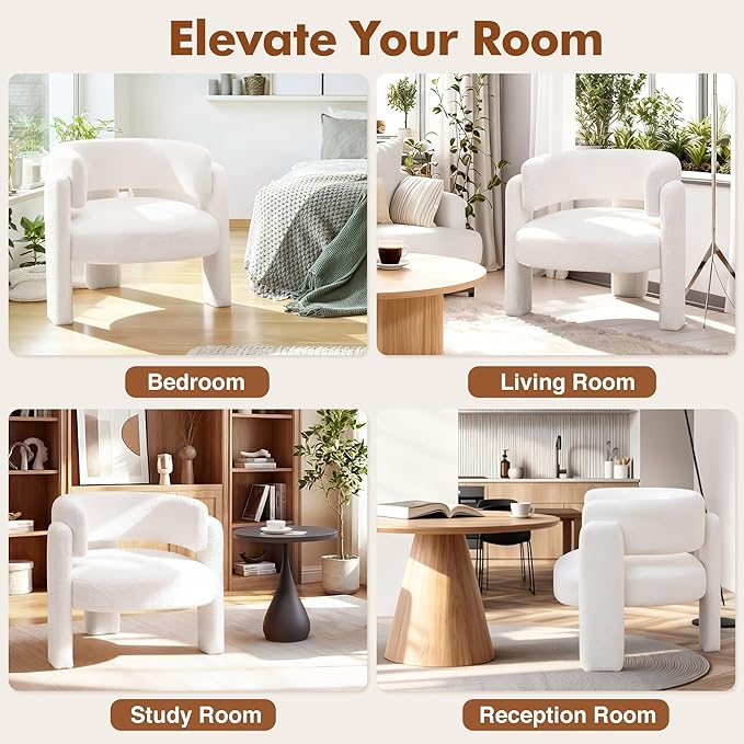 Accent Chairs Set of 2 Modern Sherpa Barrel Chairs Upholstered Living Room Chairs with 3 Legs Comfy Armchair Reading Side Chair for Bedroom Office Apartment White