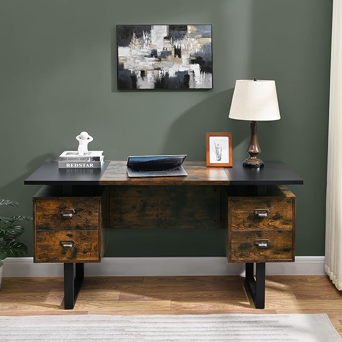 Computer Desk with Drawers 59 L Contemporary Home Office Laptop Desk with Floating Desktop and 4 Storage Drawers Vintage Study Gaming Table with Metal Frame Black &amp Rustic Brown CTSZ20401CM