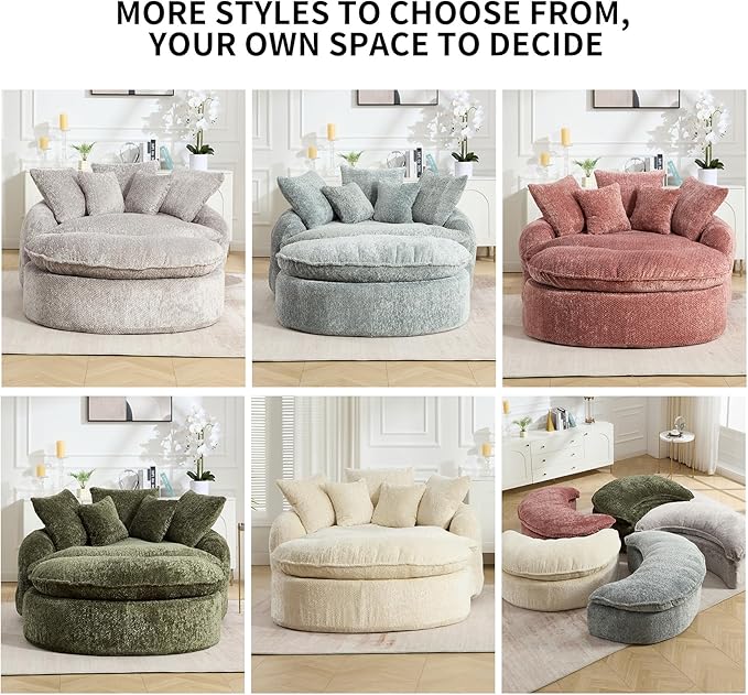 Oversized Fluffy Chenille Lounge Sofa - Extra Deep Seat Cozy Reading Circle Couch for Living Room | Indoor Lounge &amp Oversized Round Accent Design (Light Grey - with Ottoman)