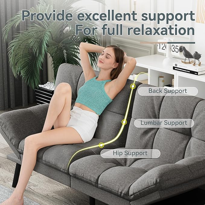 Futon Sofa Bed Convertible Couch Grey Linen Sofa Bed with Memory Foam Adjustable Backrest &amp Armrests Multifunctional Small Loveseat Sleeper Sofa for Living Room Apartment Office