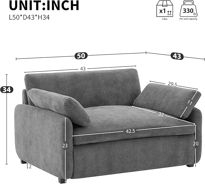 50*43 Oversized Chenille Single Sofa Chair Wide and Deep Seat Accent Chair Modern Upholstered Comfy Armchair Color Blocking Couch Lounge with Pillows for Living RoomApartmentBedroom Gray