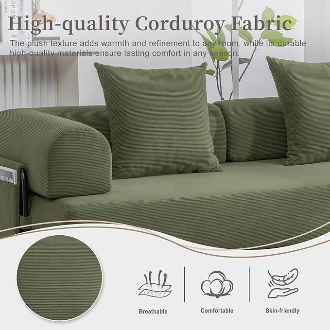 Convertible Sleeper Sofa Bed 78.5 Folding Floor Sofa Mattress Couch with Pillows Corduroy Futon Boneless Couch Lounge Loveseat with Pull Out Bed Green